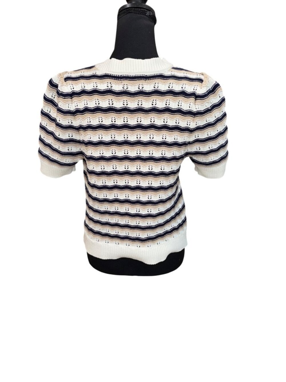 Marled Women Knit Short Sleeve Sweater M Beige Navy White Stripe Nautical Preppy - Picture 3 of 12